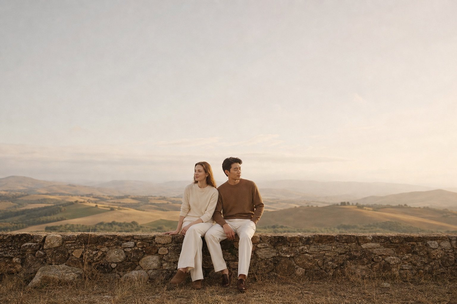 Two people in wool knitwear in a natural landscape