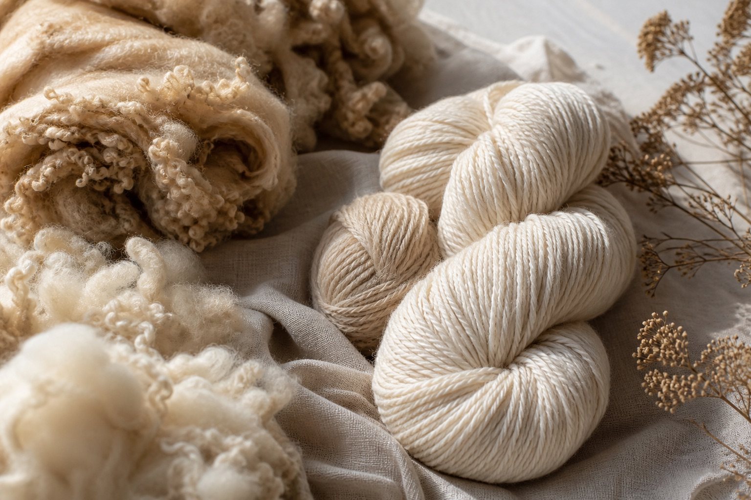 Natural raw wool and undyed yarn
