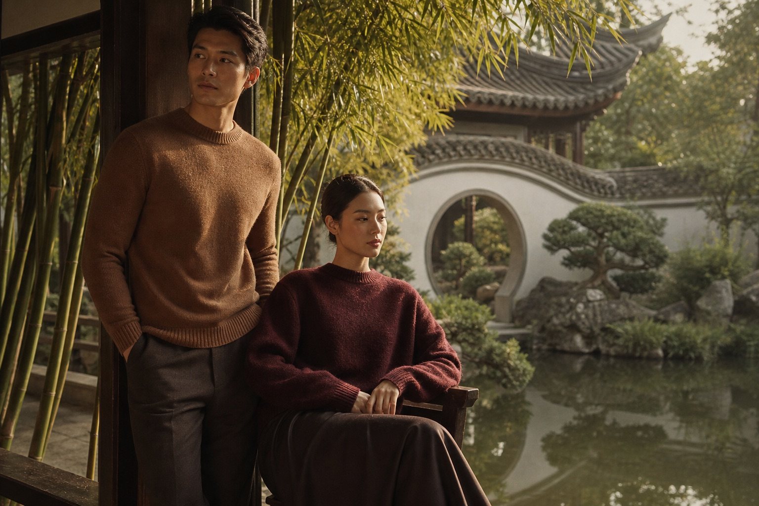 A couple in wool knitwear in a classical Eastern garden