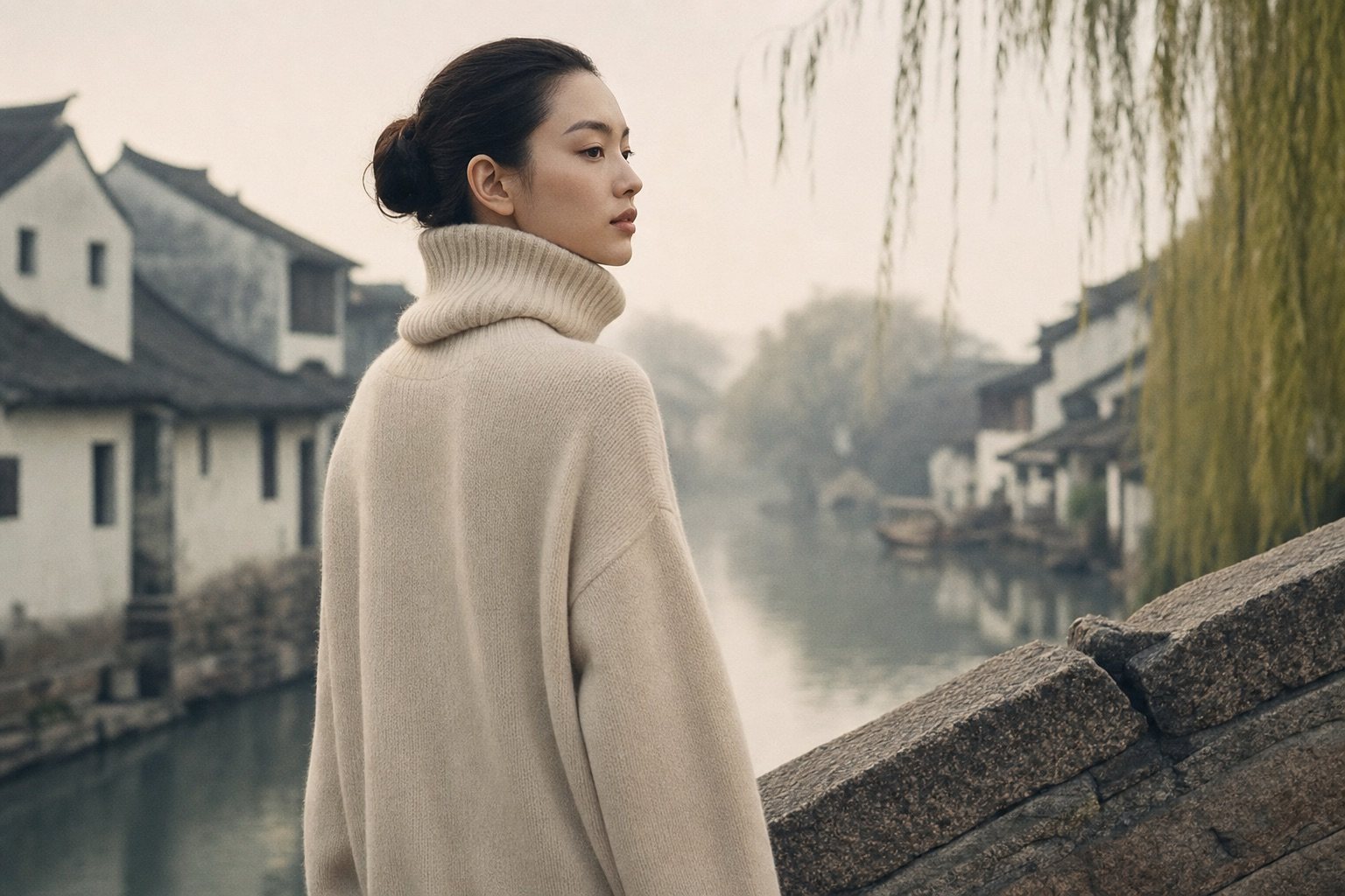 A model in cashmere knitwear in a misty Jiangnan water town near Puyuan