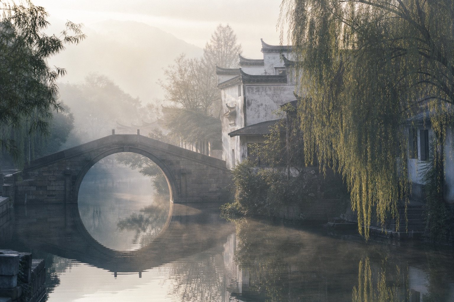 A misty Jiangnan water town near Puyuan
