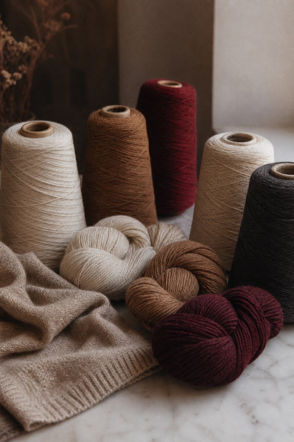 Cones of wool and cashmere yarn